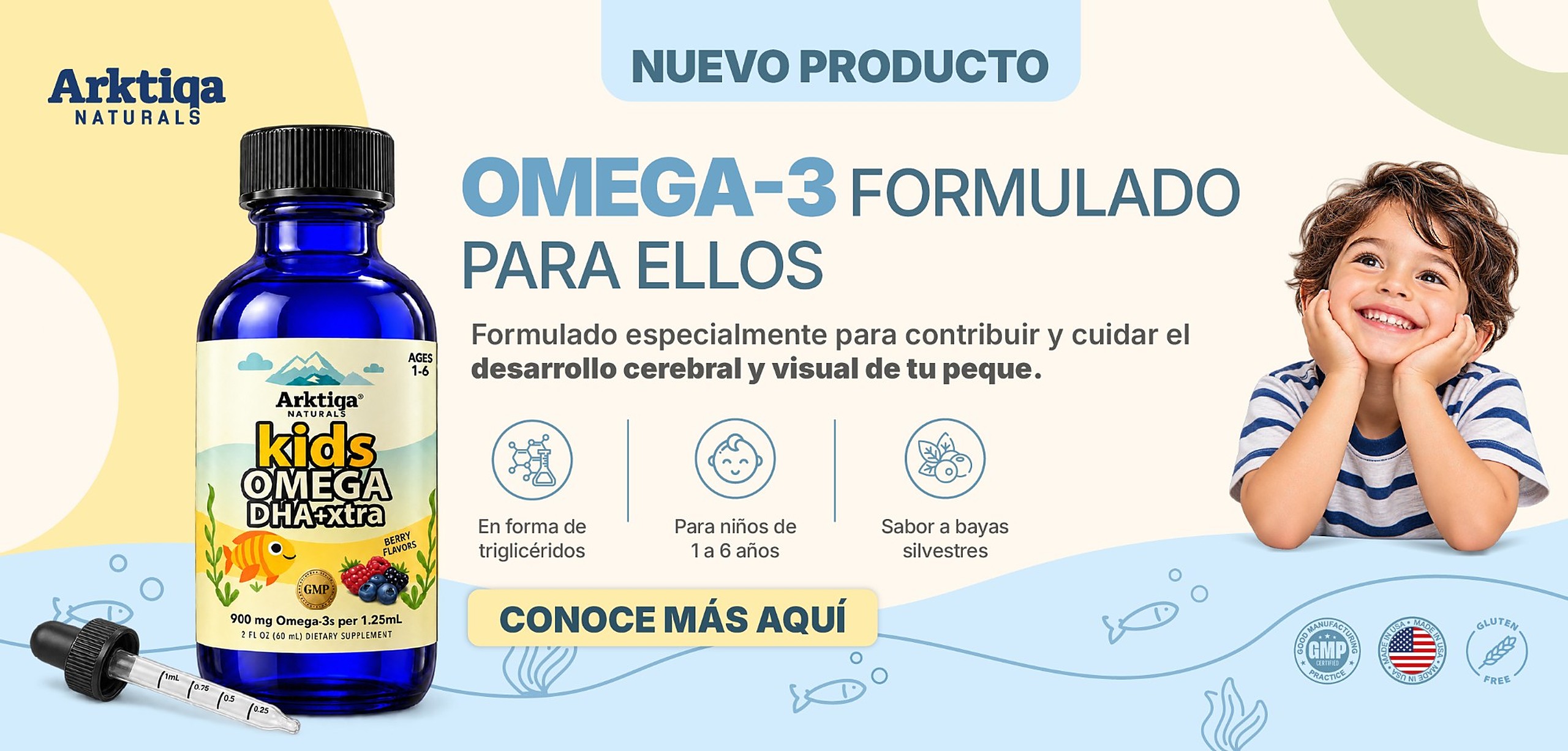 Nuevo Arktiqa Kids Omega DHA+Xtra sabor bayas silvestres, omega 3 en forma de triglicéridos para niños de 1 a 6 años