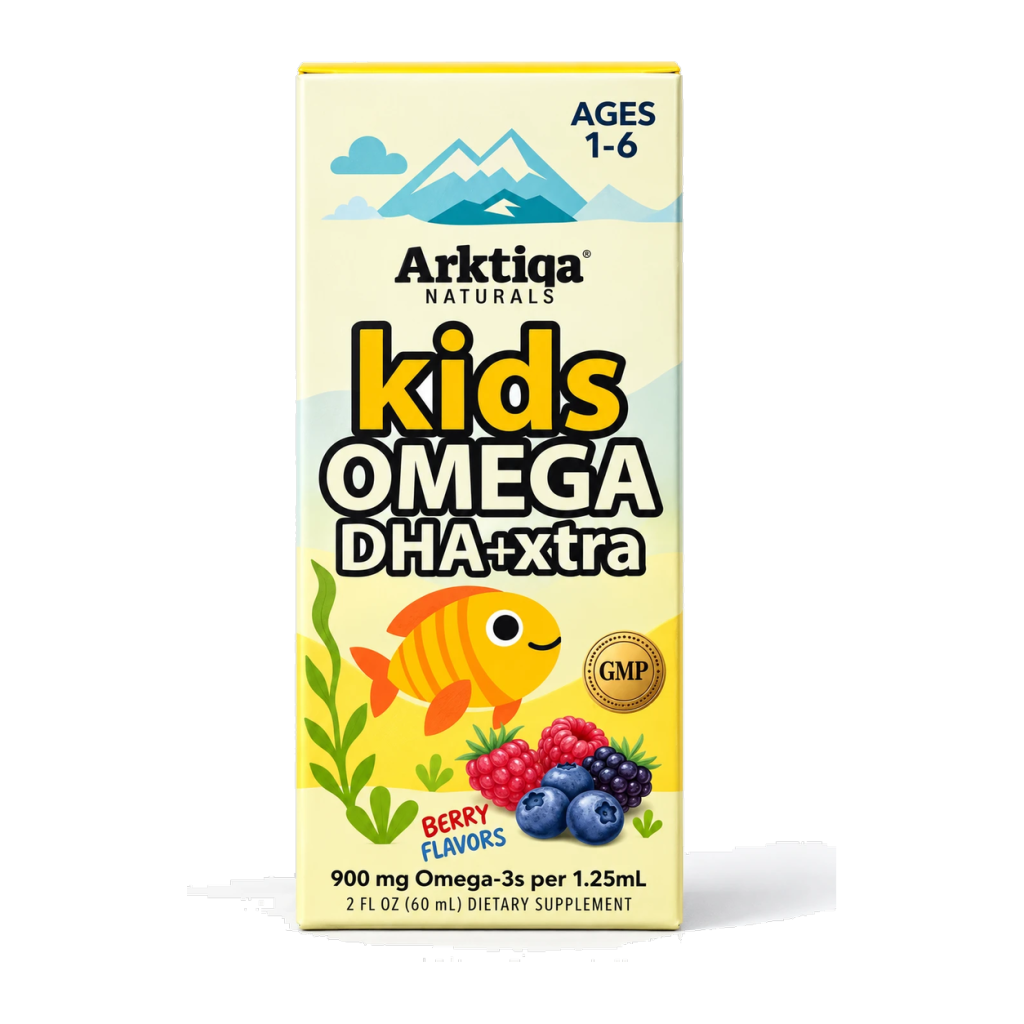 Kids Omega DHA+Xtra de Arktiqa, omega-3 infantil líquido sabor berry, frasco de 60 ml para niños de 1 a 6 años