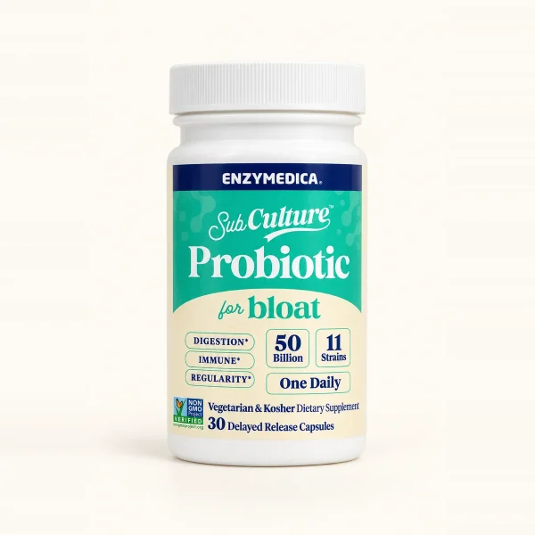 Frasco de Enzymedica SubCulture Probiotic for Bloat, probiótico de 50 mil millones de UFC, 30 cápsulas