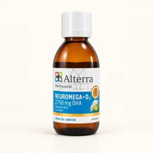 Frasco de Herbasanté Neuromega + D3, omega 3 líquido con DHA y vitamina D3, 150 mL