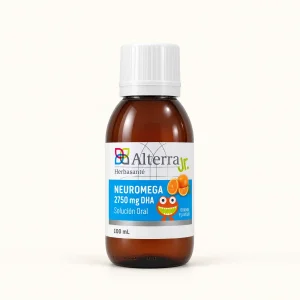 Frasco de Herbasanté Neuromega Jr., omega 3 líquido con DHA sabor naranja, 100 mL